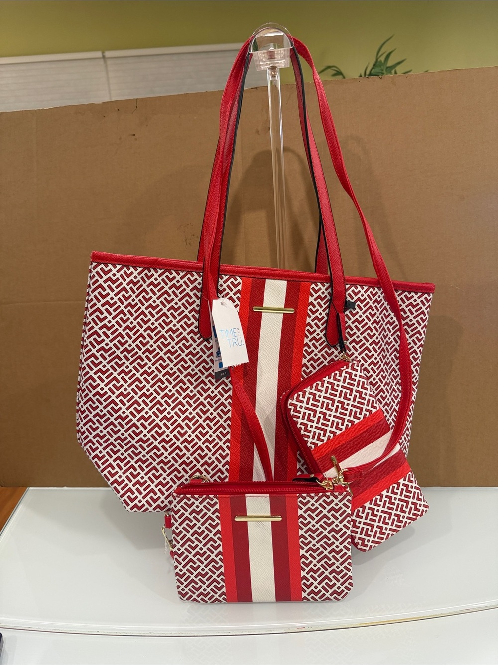Women’s Red Patterned Tote Bag Set - Timeless Chic